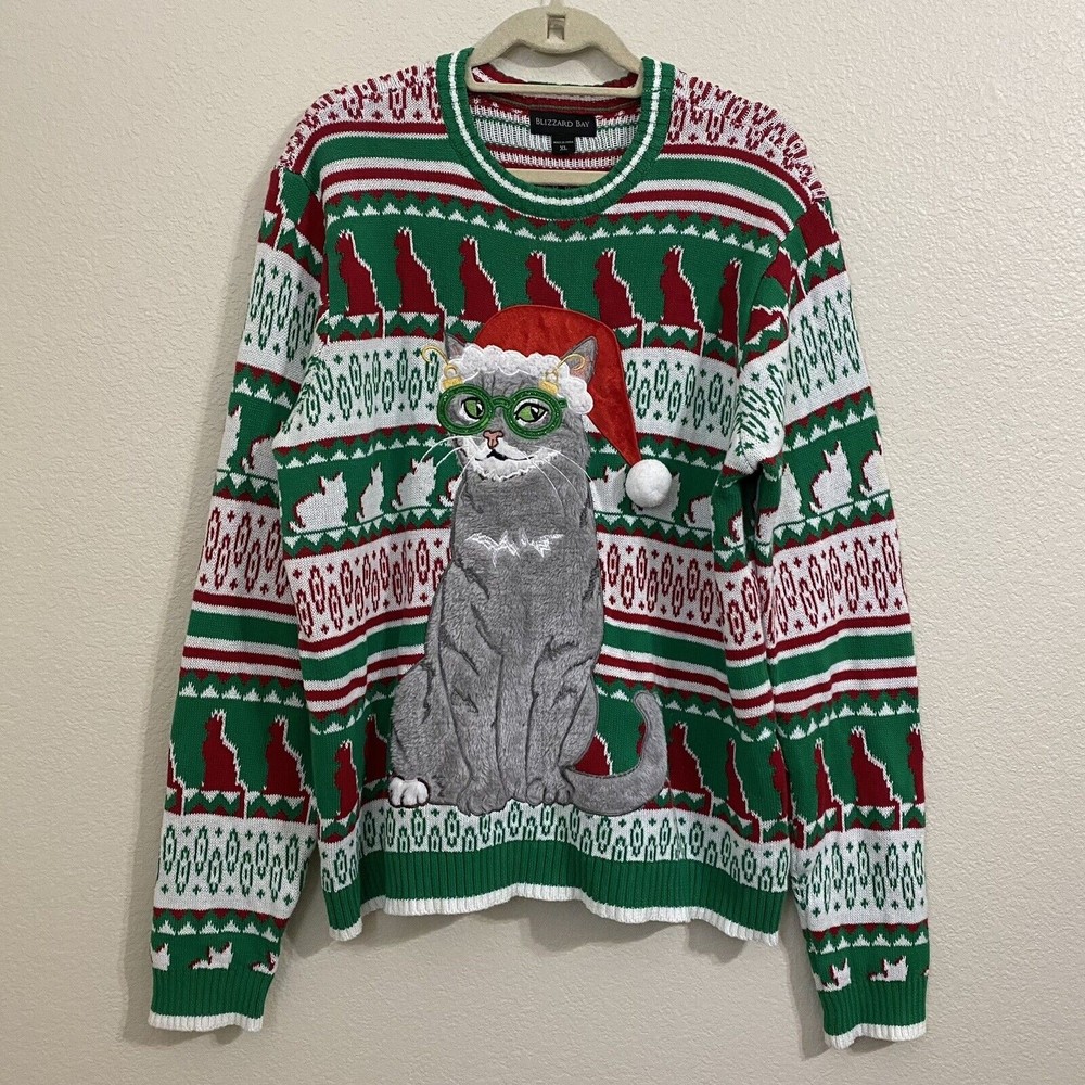 Ugly Christmas Mens Sweater Size XL Cats Pullover Crew Neck